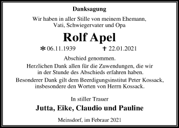 Traueranzeige von Rolf Apel von Super Sonntag Dessau-Roßlau