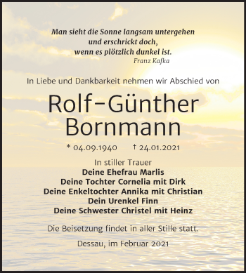Traueranzeige von Rolf-Günther Bornmann von Super Sonntag Dessau-Roßlau
