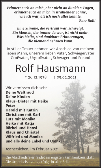 Traueranzeige von Rolf Hausmann von Super Sonntag Aschersleben