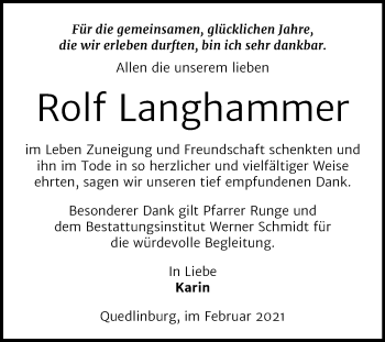 Traueranzeige von Rolf Langhammer von Mitteldeutsche Zeitung Quedlinburg