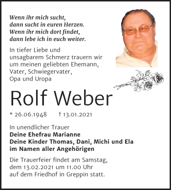 Traueranzeige von Rolf Weber von Mitteldeutsche Zeitung Bitterfeld