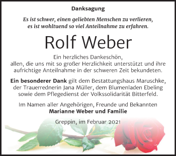 Traueranzeige von Rolf Weber von Mitteldeutsche Zeitung Bitterfeld