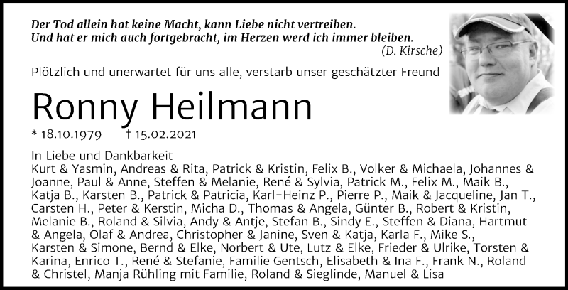  Traueranzeige für Ronny Heilmann vom 27.02.2021 aus Super Sonntag Zeitz
