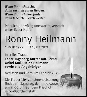 Traueranzeige von Ronny Heilmann von Super Sonntag Zeitz