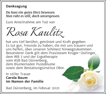 Traueranzeige von Rosa Kaulitz von Mitteldeutsche Zeitung Merseburg/Querfurt