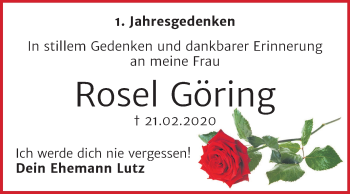 Traueranzeige von Rosel Göring von Super Sonntag Quedlinburg
