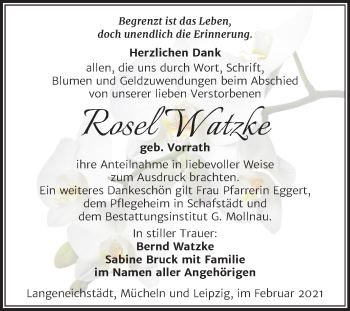 Traueranzeige von Rosel Watzke von Super Sonntag Merseburg/Querfurt
