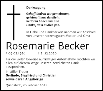 Traueranzeige von Rosemarie Becker von Super Sonntag Mansfelder Land