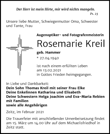 Traueranzeige von Rosemarie Kreil von Super Sonntag Zeitz