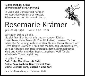 Traueranzeige von Rosemarie Krämer von Mitteldeutsche Zeitung Weißenfels