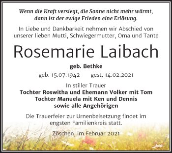 Traueranzeige von Rosemarie Laibach von Super Sonntag Merseburg/Querfurt