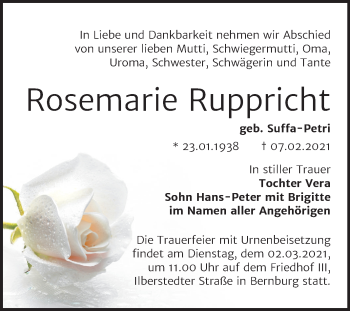 Traueranzeige von Rosemarie Ruppricht von Super Sonntag Bernburg