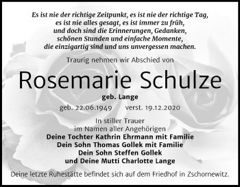Traueranzeige von Rosemarie Schulze von Mitteldeutsche Zeitung Dessau-Roßlau / Wittenberg