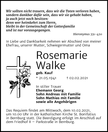 Traueranzeige von Rosemarie Walke von Super Sonntag Bernburg