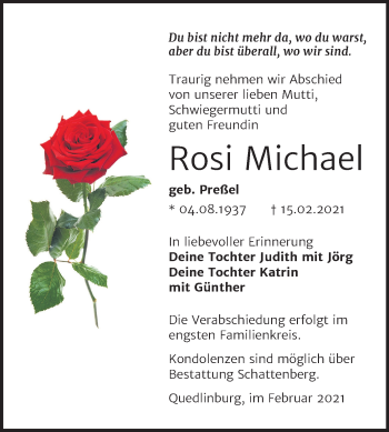 Traueranzeige von Rosi Michael von Mitteldeutsche Zeitung Quedlinburg