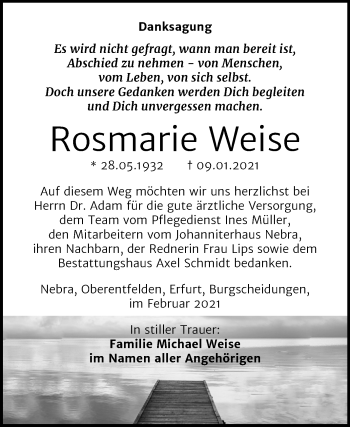 Traueranzeige von Rosmarie Weise von Mitteldeutsche Zeitung Naumburg/Nebra