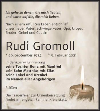 Traueranzeige von Rudi Gromoll von Super Sonntag Naumburg/Nebra