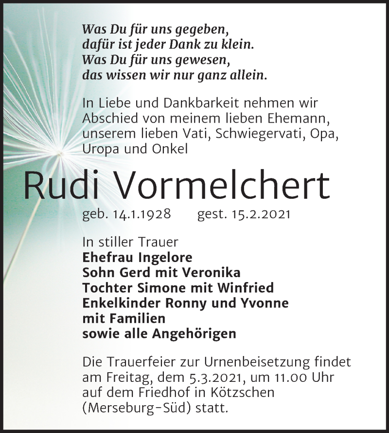  Traueranzeige für Rudi Vormelchert vom 20.02.2021 aus Super Sonntag Merseburg/Querfurt