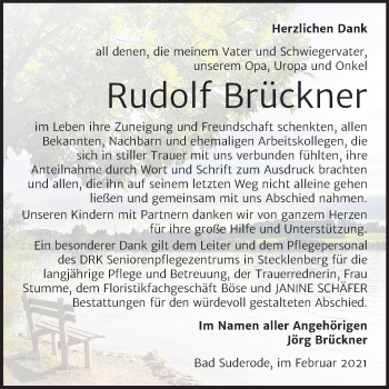 Traueranzeige von Rudolf Brückner von Super Sonntag Quedlinburg