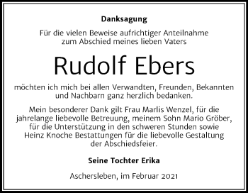 Traueranzeige von Rudolf Ebers von Mitteldeutsche Zeitung Aschersleben