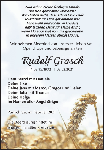 Traueranzeige von Rudolf Grosch von Mitteldeutsche Zeitung Naumburg/Nebra