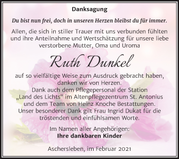 Traueranzeige von Ruth Dunkel von Super Sonntag Aschersleben