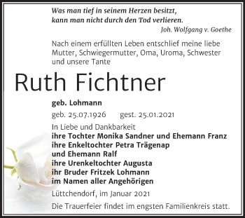 Traueranzeige von Ruth Fichtner von Super Sonntag Mansfelder Land