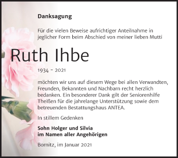 Traueranzeige von Ruth Ihbe von Super Sonntag Zeitz