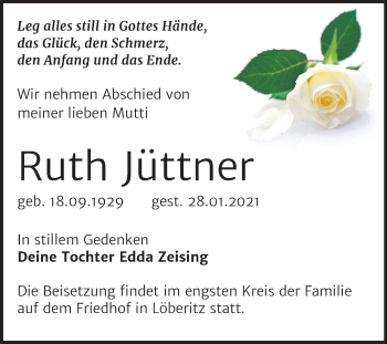 Traueranzeige von Ruth Jüttner von Mitteldeutsche Zeitung Bitterfeld