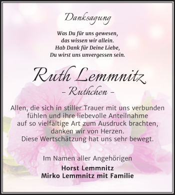 Traueranzeige von Ruth Lemmnitz von Mitteldeutsche Zeitung Weißenfels