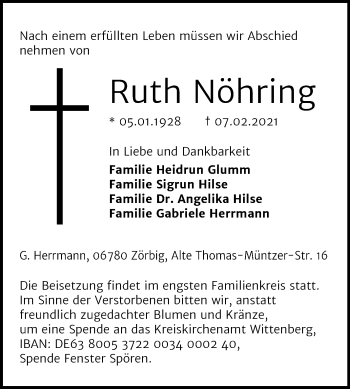 Traueranzeige von Ruth Nöhring von Mitteldeutsche Zeitung Bitterfeld