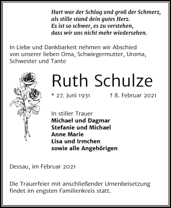 Traueranzeige von Ruth Schulze von Mitteldeutsche Zeitung Dessau-Roßlau