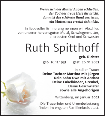 Traueranzeige von Ruth Spitthoff von Mitteldeutsche Zeitung Wittenberg