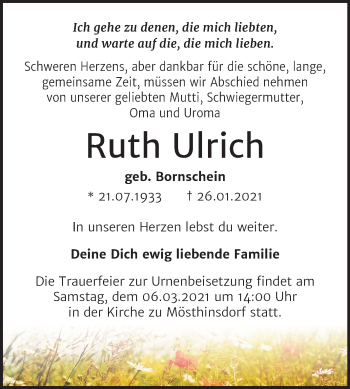 Traueranzeige von Ruth Ulrich von Mitteldeutsche Zeitung Halle/Saalkreis