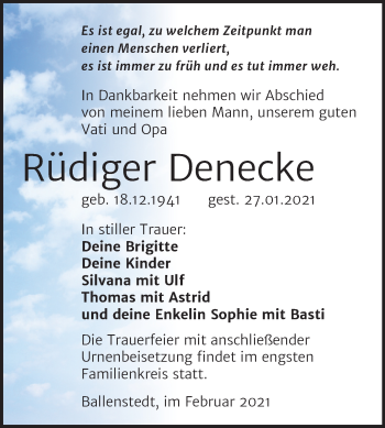 Traueranzeige von Rüdiger Denecke von Super Sonntag Quedlinburg