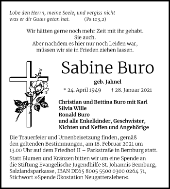 Traueranzeige von Sabine Buro von Mitteldeutsche Zeitung Bernburg