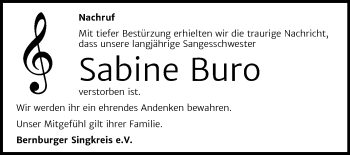 Traueranzeige von Sabine Buro von Super Sonntag Bernburg