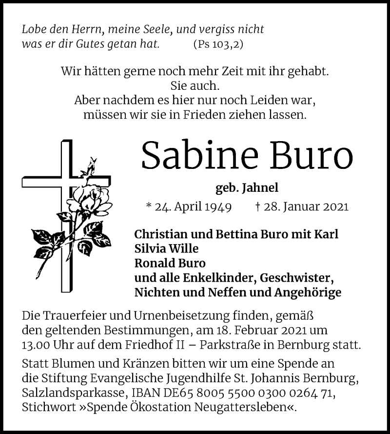  Traueranzeige für Sabine Buro vom 06.02.2021 aus Super Sonntag Bernburg