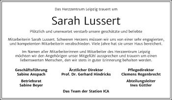 Traueranzeige von Sarah Lussert von Mitteldeutsche Zeitung Weißenfels