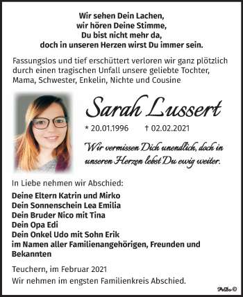 Traueranzeige von Sarah Lussert von Mitteldeutsche Zeitung Weißenfels