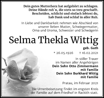 Traueranzeige von Selma Thekla Wittig von Mitteldeutsche Zeitung Wittenberg
