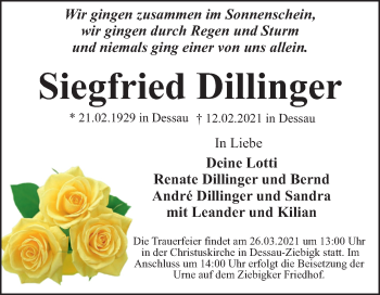 Traueranzeige von Siegfried Dillinger von Super Sonntag Dessau-Roßlau