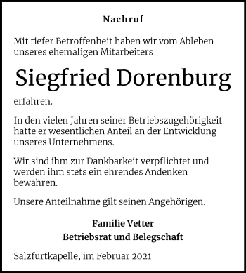 Traueranzeige von Siegfried Dorenburg von Mitteldeutsche Zeitung Bitterfeld
