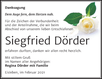 Traueranzeige von Siegfried Dörder von Mitteldeutsche Zeitung Mansfelder Land