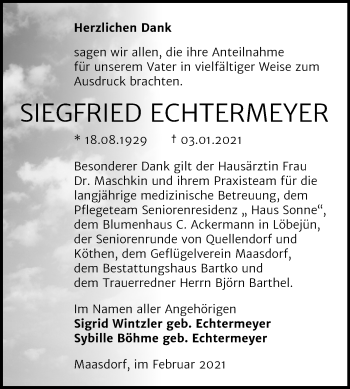 Traueranzeige von Siegfried Echtermeyer von Mitteldeutsche Zeitung Köthen