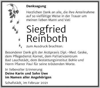 Traueranzeige von Siegfried Reinboth von Mitteldeutsche Zeitung Merseburg/Querfurt