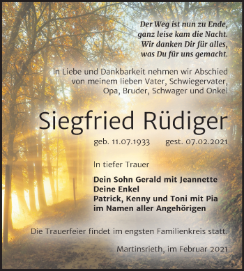 Traueranzeige von Siegfried Rüdiger von Mitteldeutsche Zeitung Sangerhausen