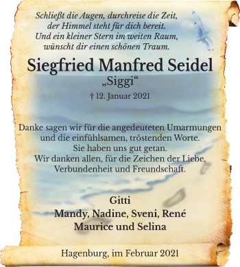Traueranzeige von Siegfried Manfred Seidel von Super Sonntag Mansfelder Land