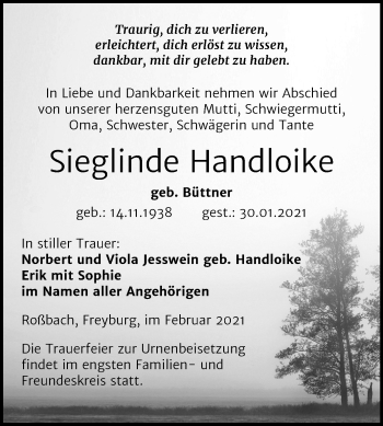 Traueranzeige von Sieglinde Handloike von Super Sonntag Merseburg/Querfurt