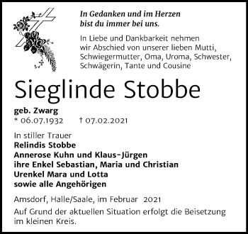 Traueranzeige von Sieglinde Stobbe von Mitteldeutsche Zeitung Mansfelder Land